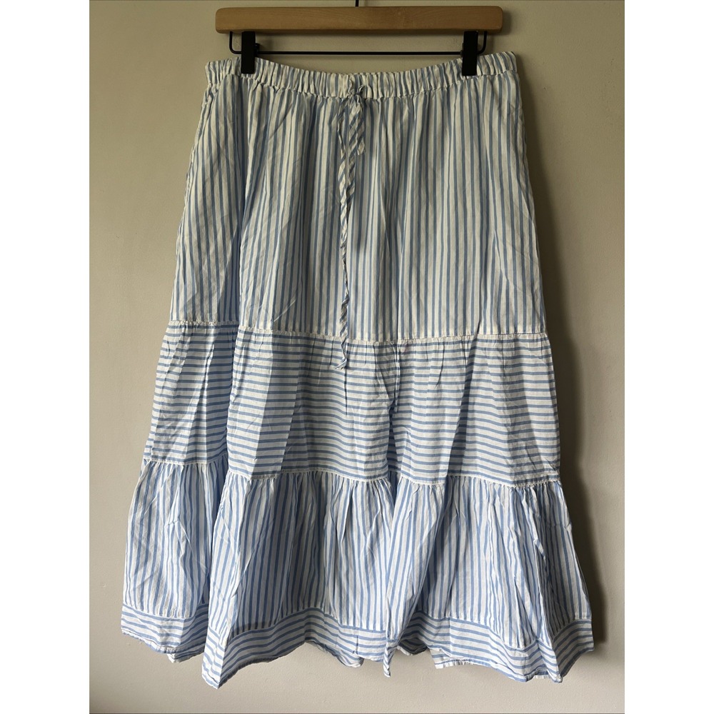 XIRENA Malone Stripped Midi Skirt with Pockets Size Large Blue White Spring